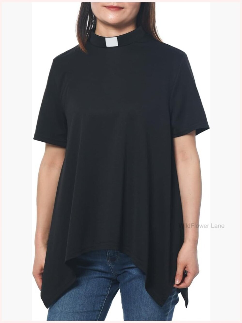 Short Sleeve Tab Collar Clergy Tunic Top with Detachable Priest Collar, Ruffle